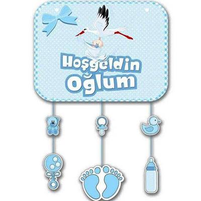 Mavi Renk Hoşgeldin Oğlum Temalı Kapı Süsü Süsleme 40x60 cm