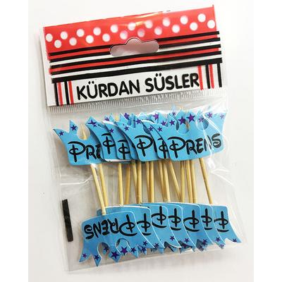 Mavi Renk Prens Yazılı Parti Kürdan Süsü 20 Adet