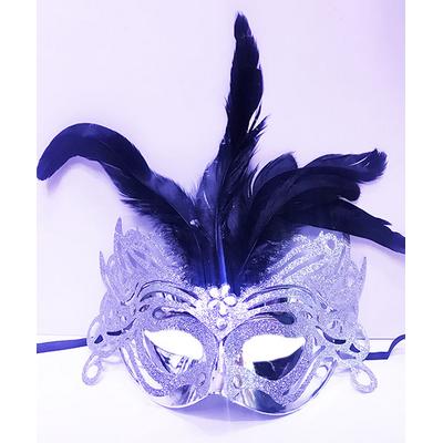 Metalize Gümüş Renk Tüylü Lüks Venedik Parti Balo Maskesi 