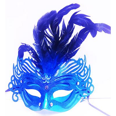 Metalize Mavi Renk Tüylü Lüks Venedik Parti Balo Maskesi 
