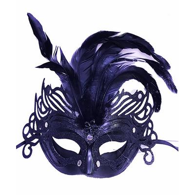 Metalize Siyah Renk Tüylü Lüks Venedik Parti Balo Maskesi 