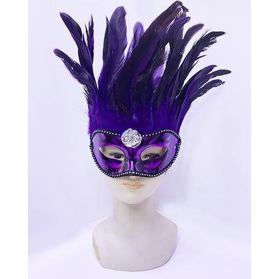 Mor Renk Ekstra Bol Kuş Tüylü Gümüş Dantelli Venedik Maskesi 30x19 cm
