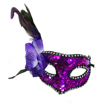 Mor Renk Yandan Tüylü Pullu Yılbaşı Parti Maskesi