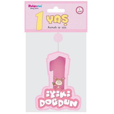 Pembe Renk Asmalı İyiki Doğdun Yazılı 1 Yaş Kız 3lü Süs Set 