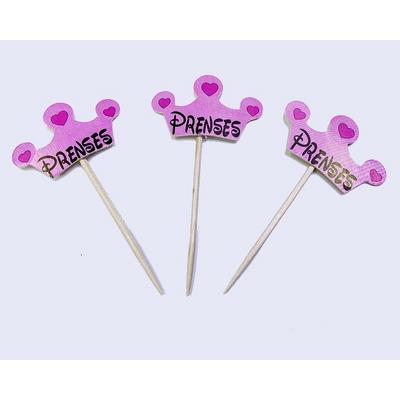 Pembe Renk Prenses Yazılı Parti Kürdan Süsü 20 Adet