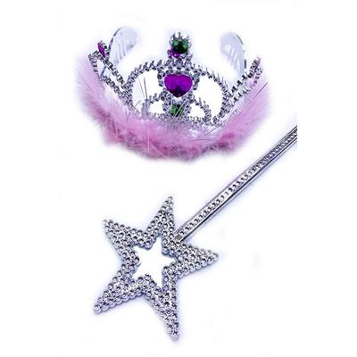 Pembe Tüylü Metalize Kalp Taşlı Prenses Tacı ve Prenses Yıldız Asa