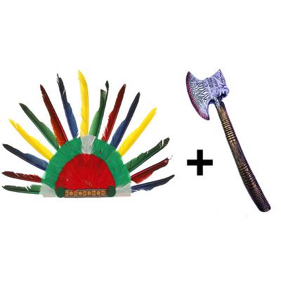 Rengarenk Kızılderili Tüylü Başlık ve Plastik Kızılderili Baltası