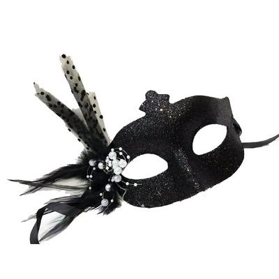 Sim İşlemeli Yandan Tüylü Yılbaşı Maskesi Siyah Renk