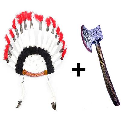 Siyah Beyaz Kızılderili Tüylü Başlık ve Plastik Kızılderili Baltası