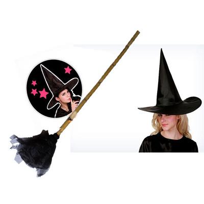 Siyah Cadı Şapkası - Bambu Saplı Cadı Süpürgesi - 2 li Set
