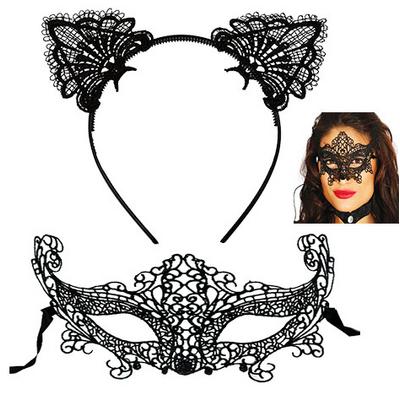 Siyah Renk Dantel Maske ve Dantel Taç Seti Yetişkin Boy No 4
