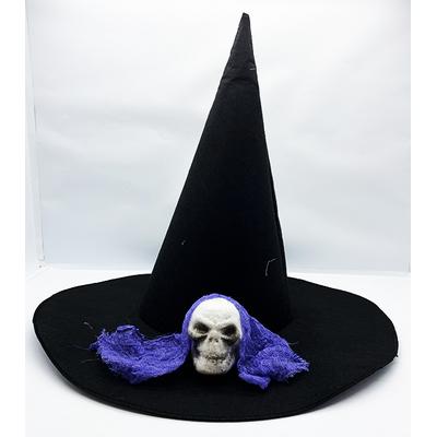 Siyah Renk Mavi Duvaklı Kuru Kafa Temalı Cadı Şapkası 35x38 cm