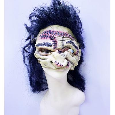 Siyah Uzun Saçlı Yarım Surat Vidalı Dikiş İzli Lateks Korku Maskesi 