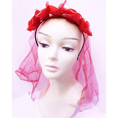 Uzun Duvaklı Üstü Kırmızı Çiçekli Parti Tacı 