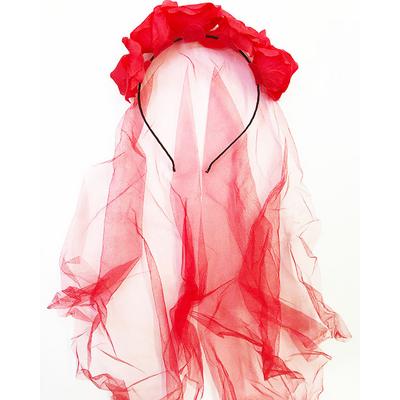 Uzun Duvaklı Üstü Kırmızı Çiçekli Parti Tacı 