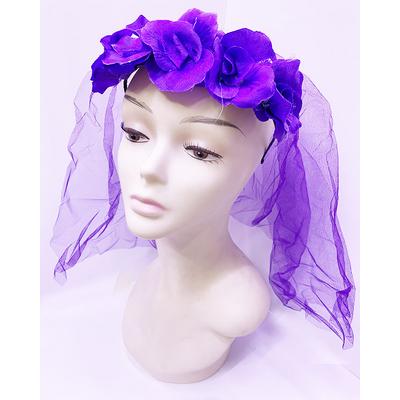 Uzun Duvaklı Üstü Mor Çiçekli Parti Tacı