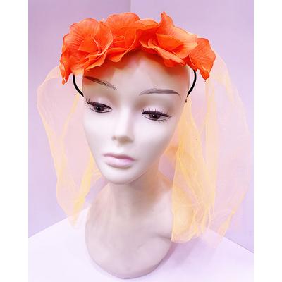 Uzun Duvaklı Üstü Turuncu Çiçekli Parti Tacı