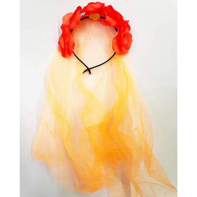 Uzun Duvaklı Üstü Turuncu Çiçekli Parti Tacı