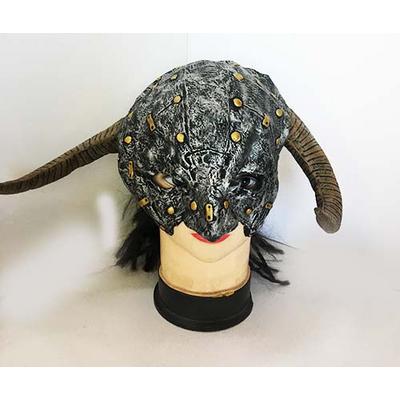 Uzun Siyah Saçlı Büyük Boynuzlu Lateks Et Korku Maskesi