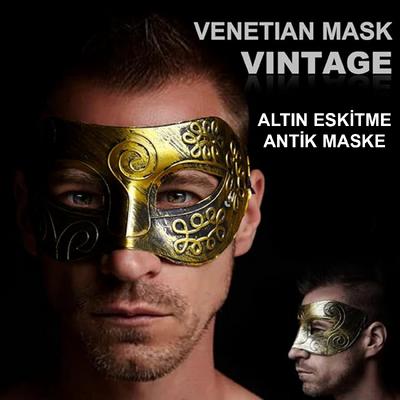 Altın Eskitme Yüz Maskesi - Antik Tarz Balo Maskesi 