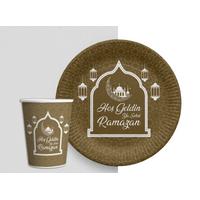 Altın Renk Hoşgeldin Ya Şehr-i Ramazan Yazılı Tabak ve Bardak Seti 16 Adet