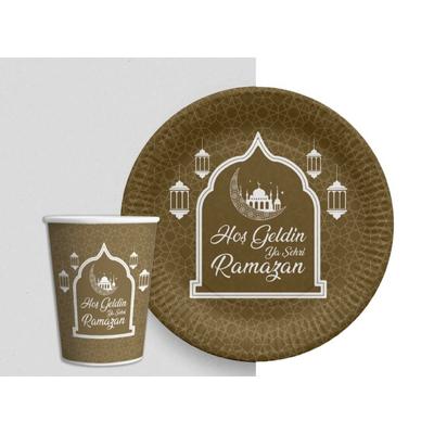 Altın Renk Hoşgeldin Ya Şehr-i Ramazan Yazılı Tabak ve Bardak Seti 16 Adet