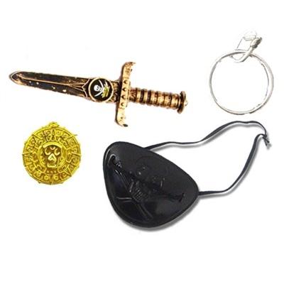 Altın Renk Plastik Korsan Bıçak Göz Bandı Küpe ve Yüzük Seti