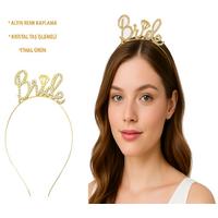 Altın Renkli Taşlı “Bride” Gelin Tacı – El Yazısı Yazı Tipiyle