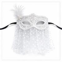 Beyaz Dantel Tüllü Peçeli Parti Maskesi – Tüylü İnci Detaylı