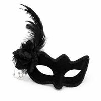 Beyaz İnci Detaylı Siyah Süet Venedik Kadın Maskesi Tüylü Güllü