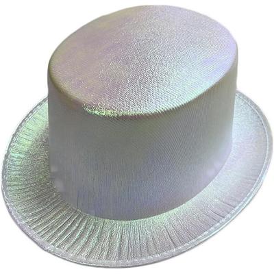 Beyaz Renk Işıltılı Hologram Kumaş Kaplama Fötr Silindir Şapka Yetişkin Boy 