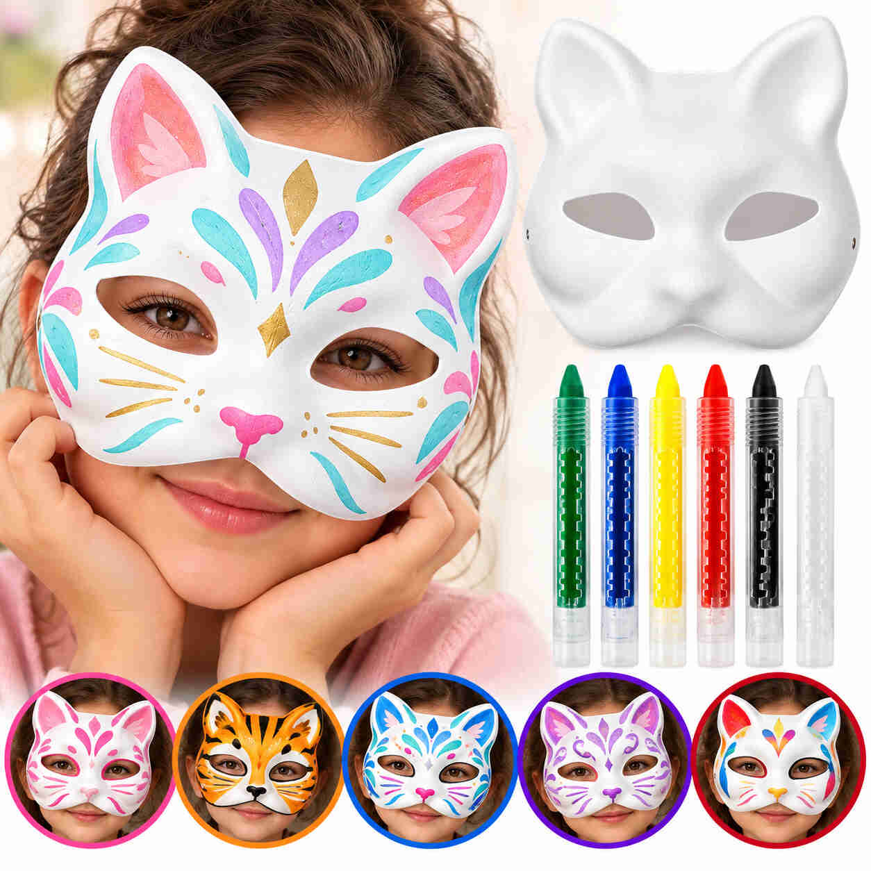 Boyanabilir Kedi Maskesi ve 6 Renk Boya Kalemi Seti – 7 Parça