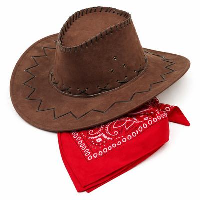 Çocuk Kovboy Şapka Kahverengi & Kırmızı Bandana Seti