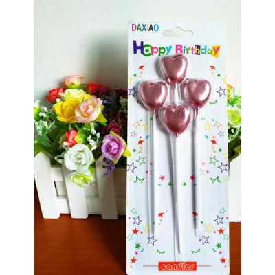 Çubuklu Metalize Kalp Mum Doğum Günü Mumu Pembe