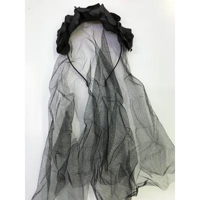 Duvaklı Çiçekli Parti Tacı Siyah Renk 