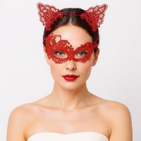 Gizemli Kırmızı Dantel Maske ve Taç Seti 1 No - Kostüm Seti