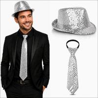 Gümüş Payetli Şapka ve Kravat Seti – Işıltılı Parti Kombini