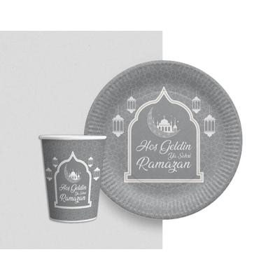 Gümüş Renk Hoşgeldin Ya Şehr-i Ramazan Yazılı Tabak ve Bardak Seti 16 Adet