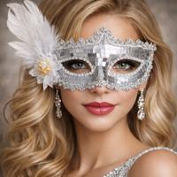 Gümüş Tüylü Payetli Lüks Taşlı Parti Maskesi