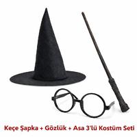 Harry Potter Tarzı Çocuk Seti (Siyah Keçe Şapka, Asa, Gözlük) 