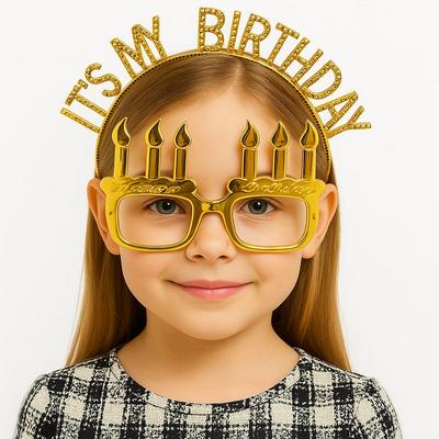 İt's My Birthday Yazılı Taç ve Mum Şekilli Gözlük Seti Altın Renk