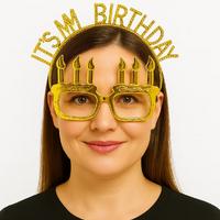 İt's My Birthday Yazılı Taç ve Mum Şekilli Gözlük Seti Altın Renk