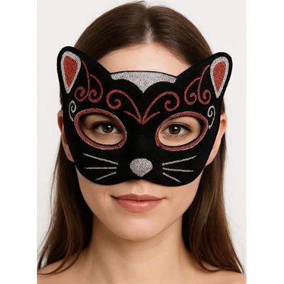 Kadife Dokulu Sim Detaylı Işıltılı Kedi Maskesi Kırmızı Gümüş 20x13 cm