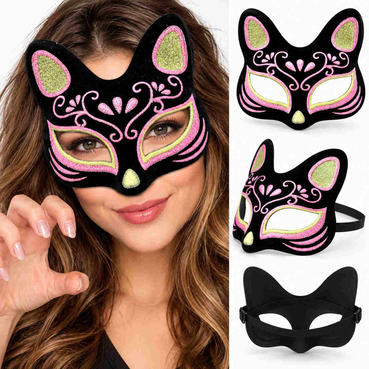 Kadife Dokulu Siyah Kedi Maskesi Pembe Sarı Simli Desenli