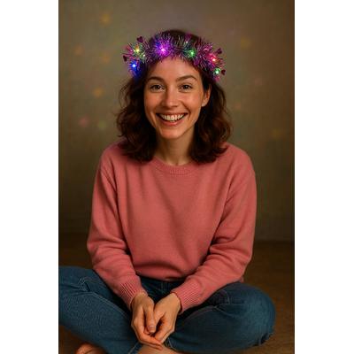Kalp Püsküllü Gece Parıltısı 3 Modlu LED'li Işıklı Taç Fuşya Renk