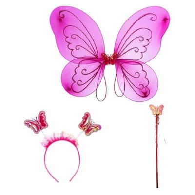 Çocuklar İçin Kelebek Kanadı Tacı ve Asası Fuşya Renk 50 cm