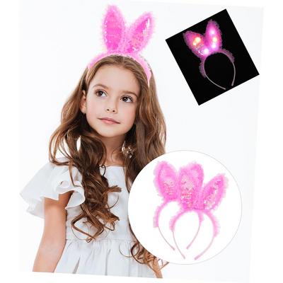 Kenarları Dantelli Fuşya Pullu Payetli Led Işıklı Tavşan Kulak Taç 23x19 cm