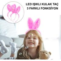 Kenarları Dantelli Fuşya Pullu Payetli Led Işıklı Tavşan Kulak Taç 23x19 cm