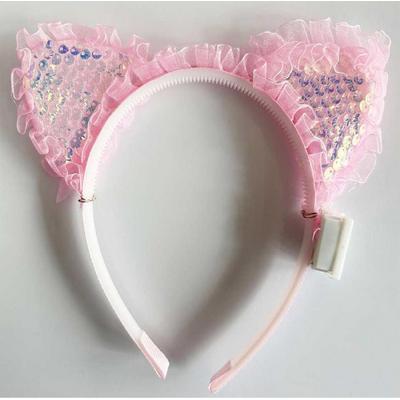 Kenarları Dantelli Pembe Pullu Payetli Led Işıklı Kedi Kulak Taç 17x19 cm