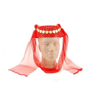 Kırmızı Duvaklı Altın Pul İşlemeli Kına Fesi Kına Şapkası Oryantal Şapkası